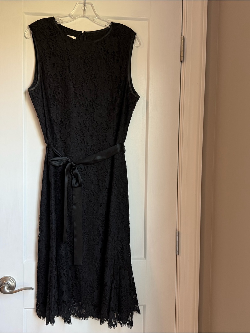 Talbots Black Lace Midi Dress with Satin Waist Tie